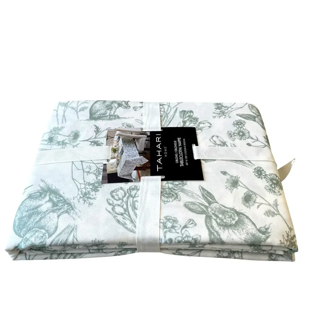 Tahari Floral Bunny Tablecloth 60x120 Sage Green & White Easter Decor NEW